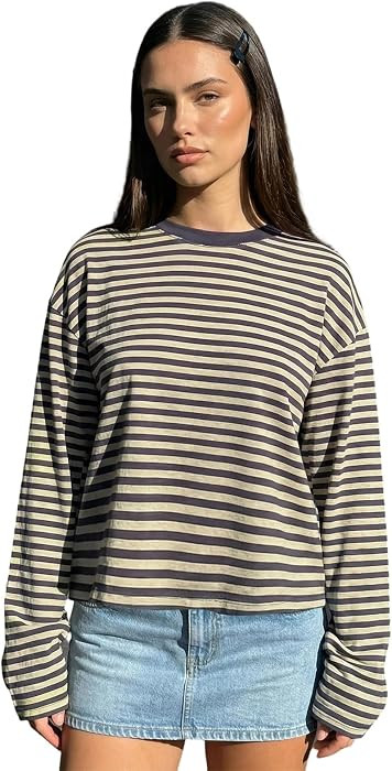 Felcia Women's Classic Striped T Shirt Long Sleeve Crew Neck Loose Casual Tops Fall Streetwear | Amazon (UK)