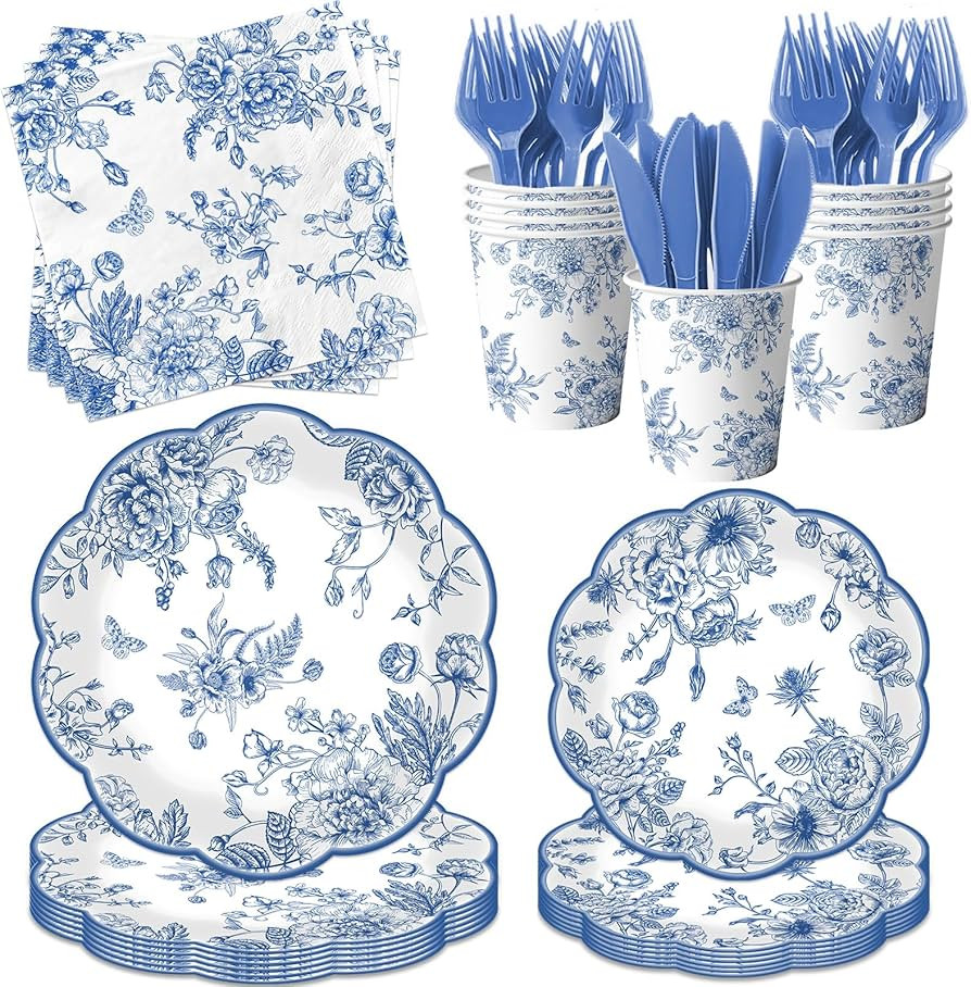 Blue Floral Plates, 144Pcs Blue Toile Scalloped Paper Plates and Napkins includes Flower Paper Pl... | Amazon (US)