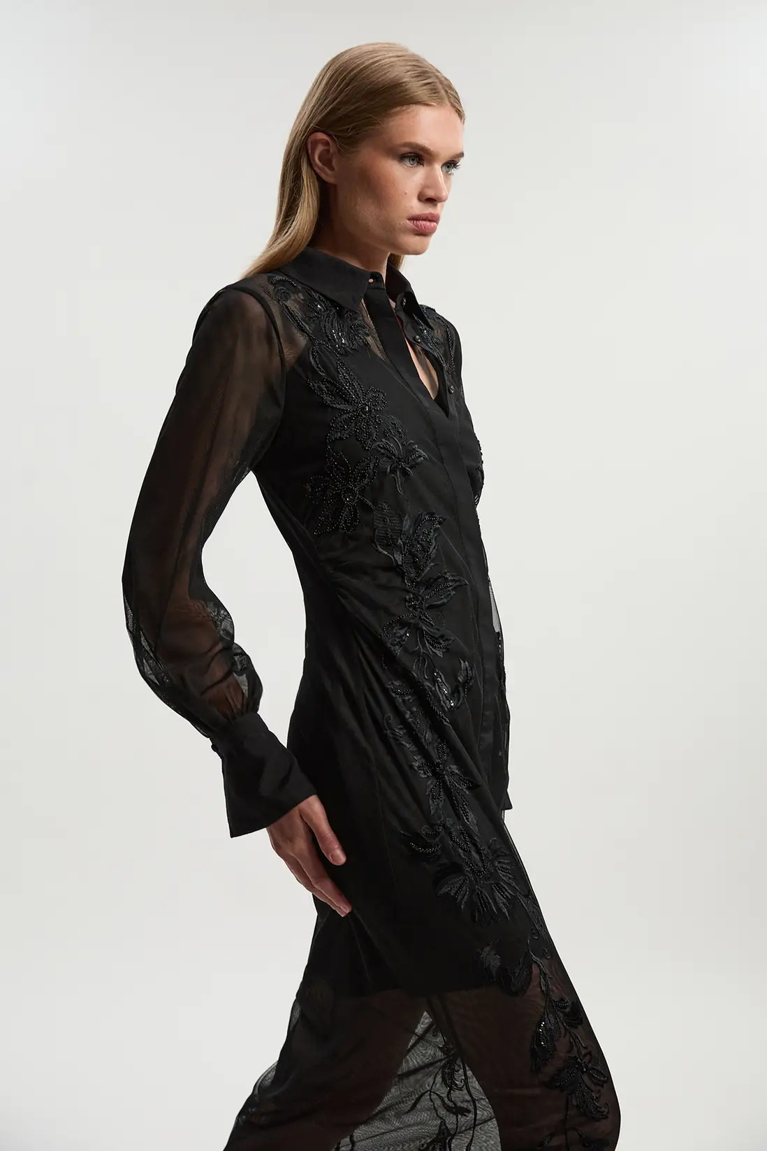 Dresses | Archive Petite Mesh Embellished Embroidered Sheer Shirt Dress | KarenMillen | Debenhams UK