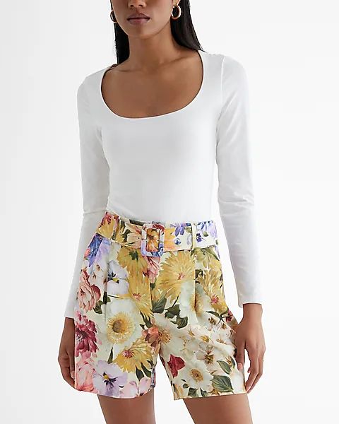 Stylist Super High Waisted Satin Floral Belted Shorts | Express