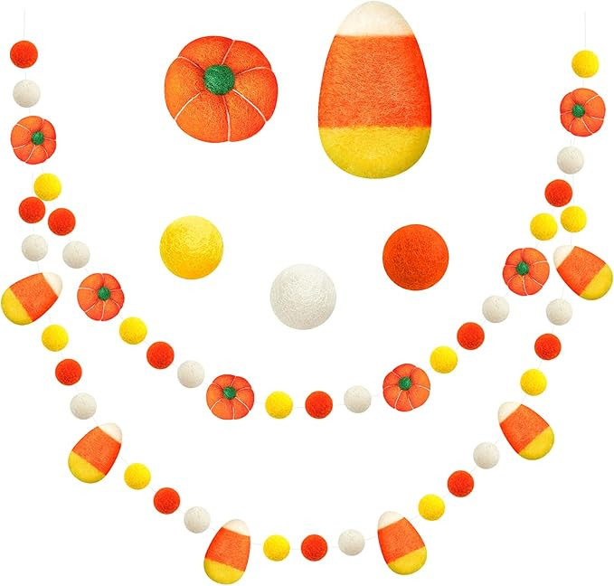 2 Pieces Halloween Candy Corn Pumpkin Felt Ball Garland Doorways Decoration Wool Felt Pom Pom Bal... | Amazon (US)