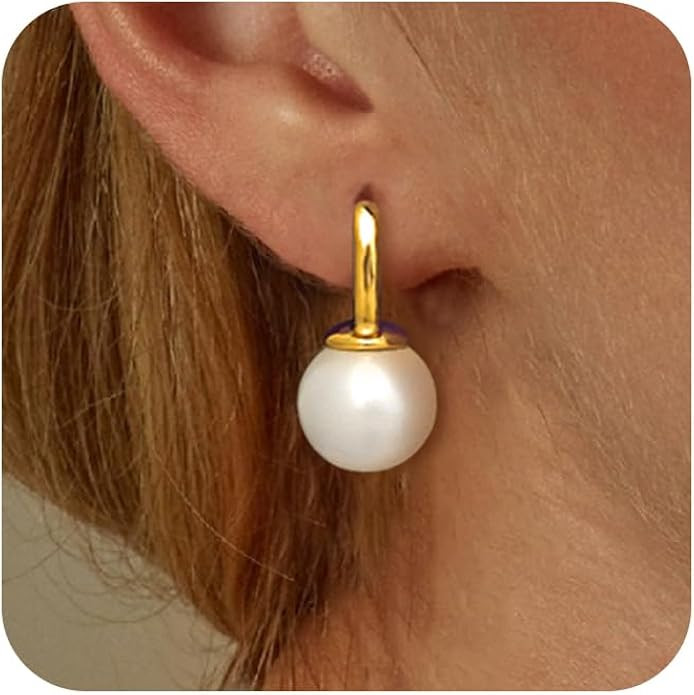 Moodear Pearl Earrings for Women Trendy 14K Gold Plated/925 Sterling Silver Pearl Drop Hoop Earri... | Amazon (US)