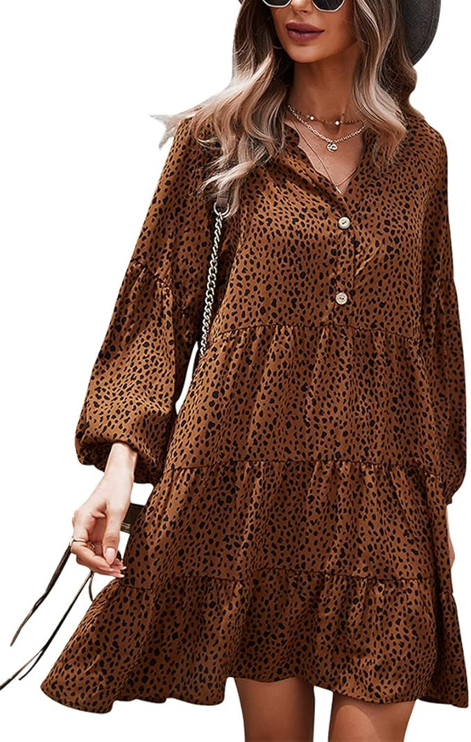 MOPOOGOSS Womens Fall Winter Sexy V Neck Long Puff Sleeve Leopard Print Casual Loose Flowy Swing ... | Amazon (US)