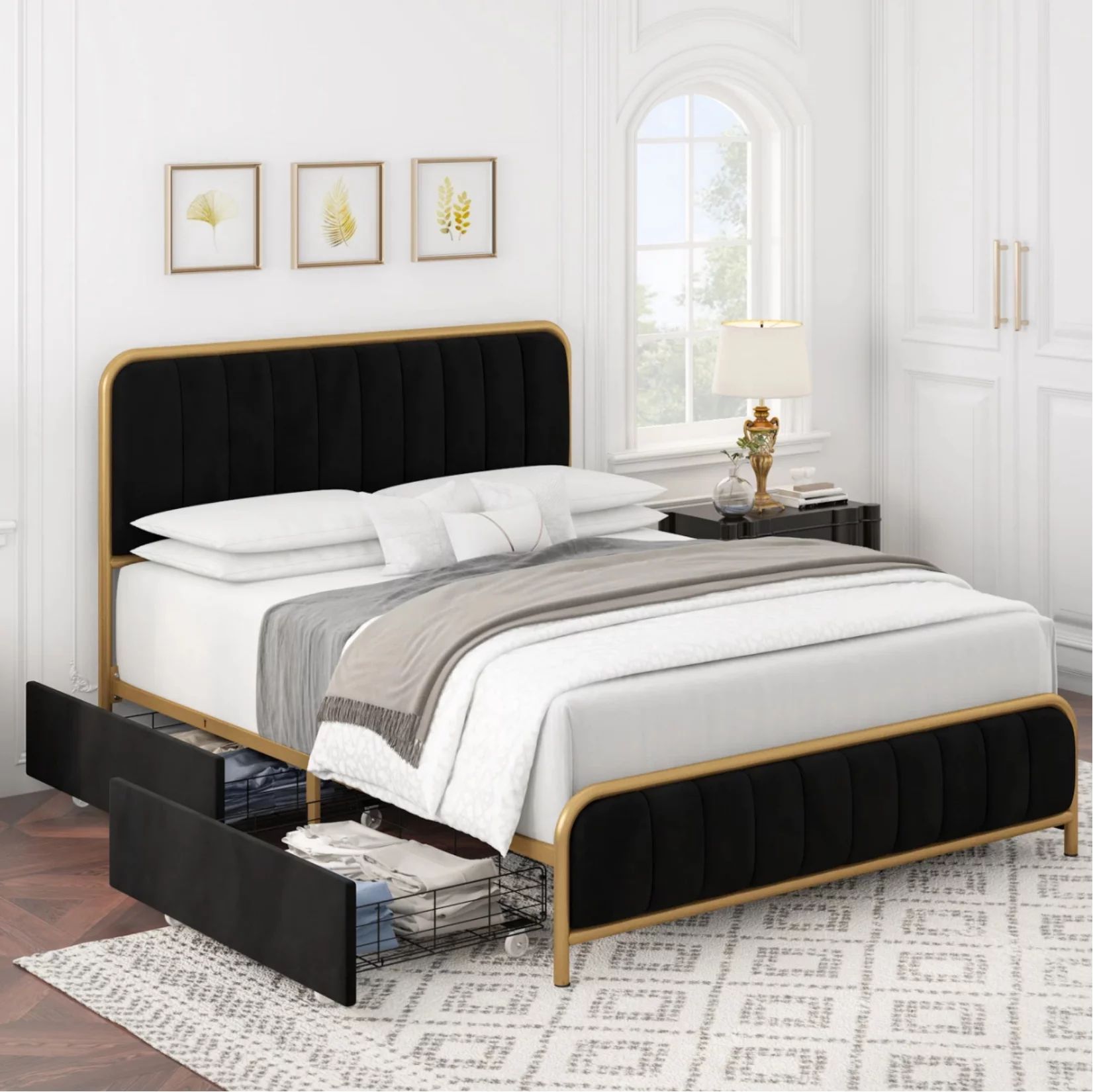 Homfa Full Size Bed Frame with 4 Drawers, Round Metal Tube Platform Bed with Tufted Upholstered H... | Walmart (US)