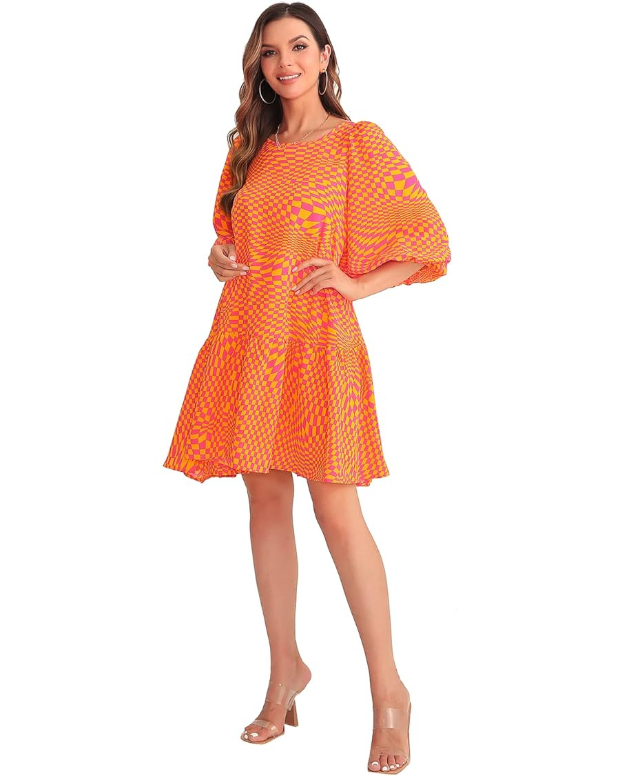 YUNHUI Women’s Casual Round Neck Half Sleeve Dress Print Loose Mini Dress | Amazon (US)