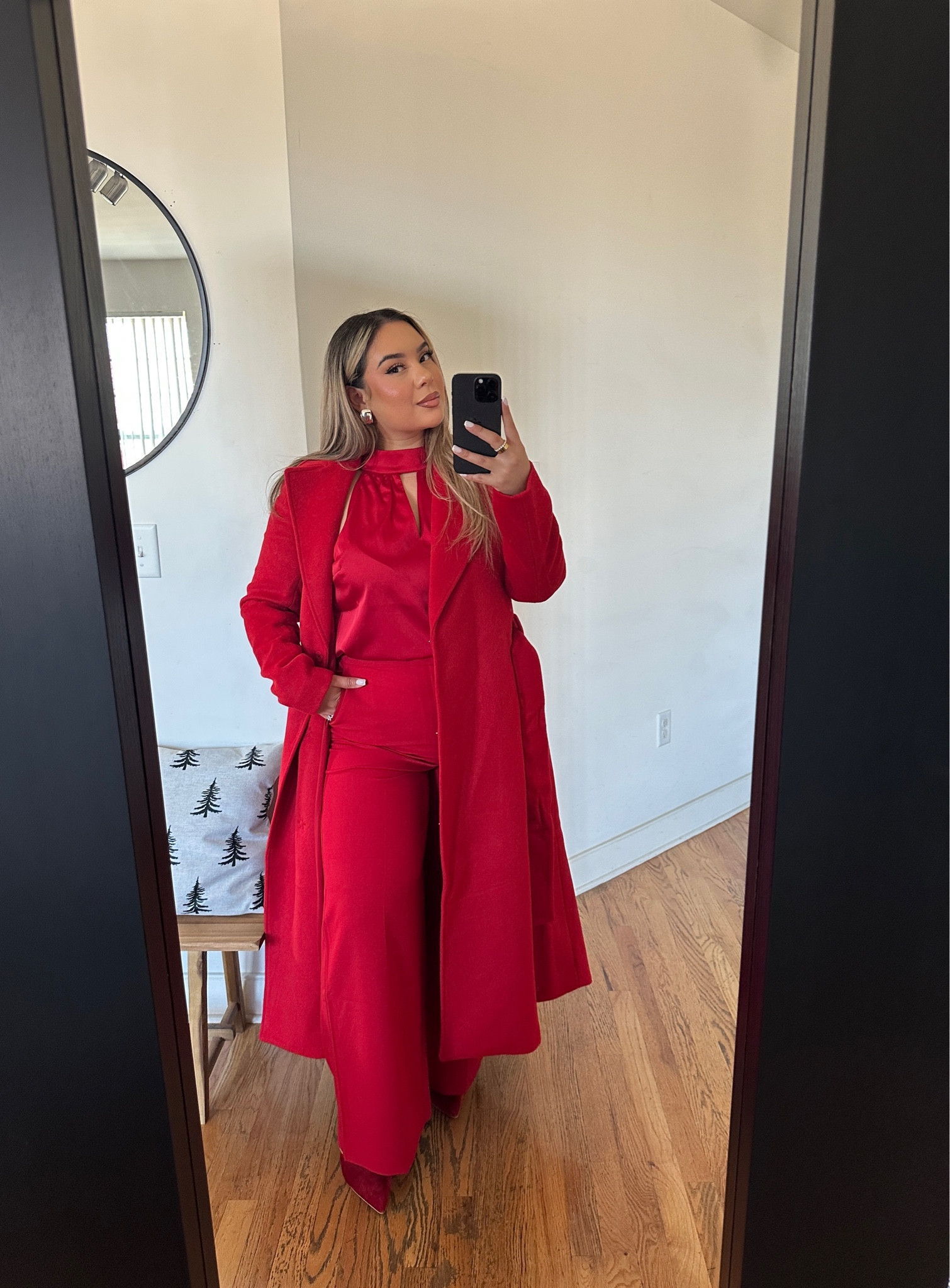 Monochromatic Outfit Inspo❤️‍🔥 sizing:

Top: L 
Pants: size 12 (I’m a 10/12 - these were perfect) 
Coat: M 


#LTKSeasonal #LTKHoliday #LTKCyberWeek