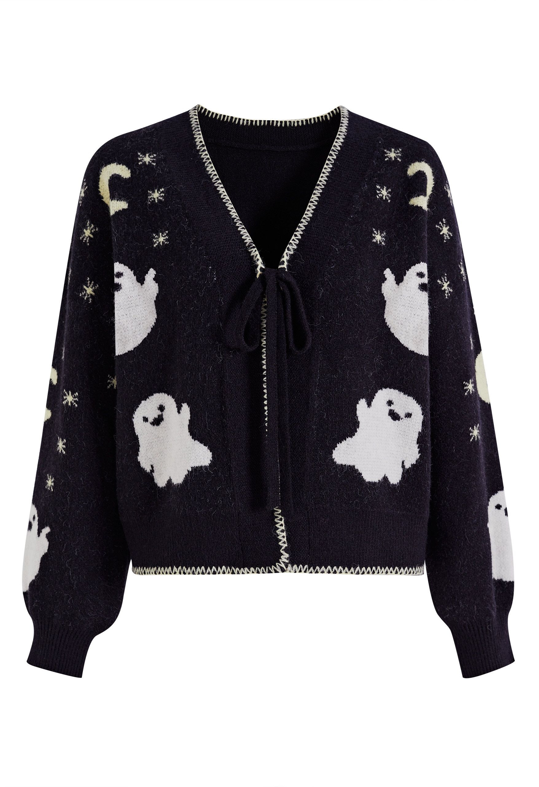 Ghostly Night Jacquard Tie-Front Knit Cardigan for Halloween Party & Costume Events | Chicwish