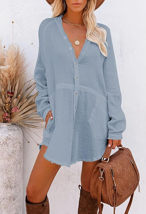 Pink Queen Women V Neck Long Sleeve Button Down Blouse Tunic Shirt Mini Dress with Pockets | Amazon (US)