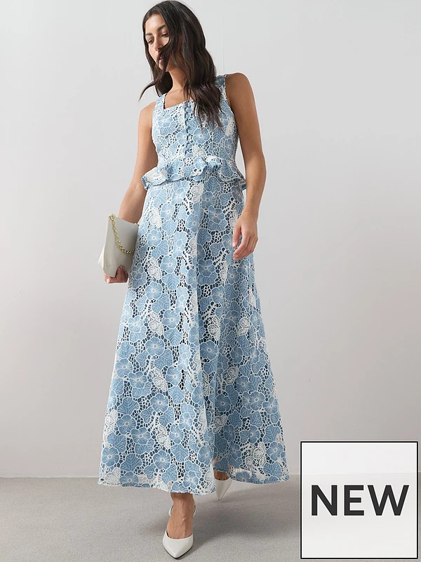 The Very Collection Sleeveless Lace Frill Midaxi Dress - Blue | Very (UK)