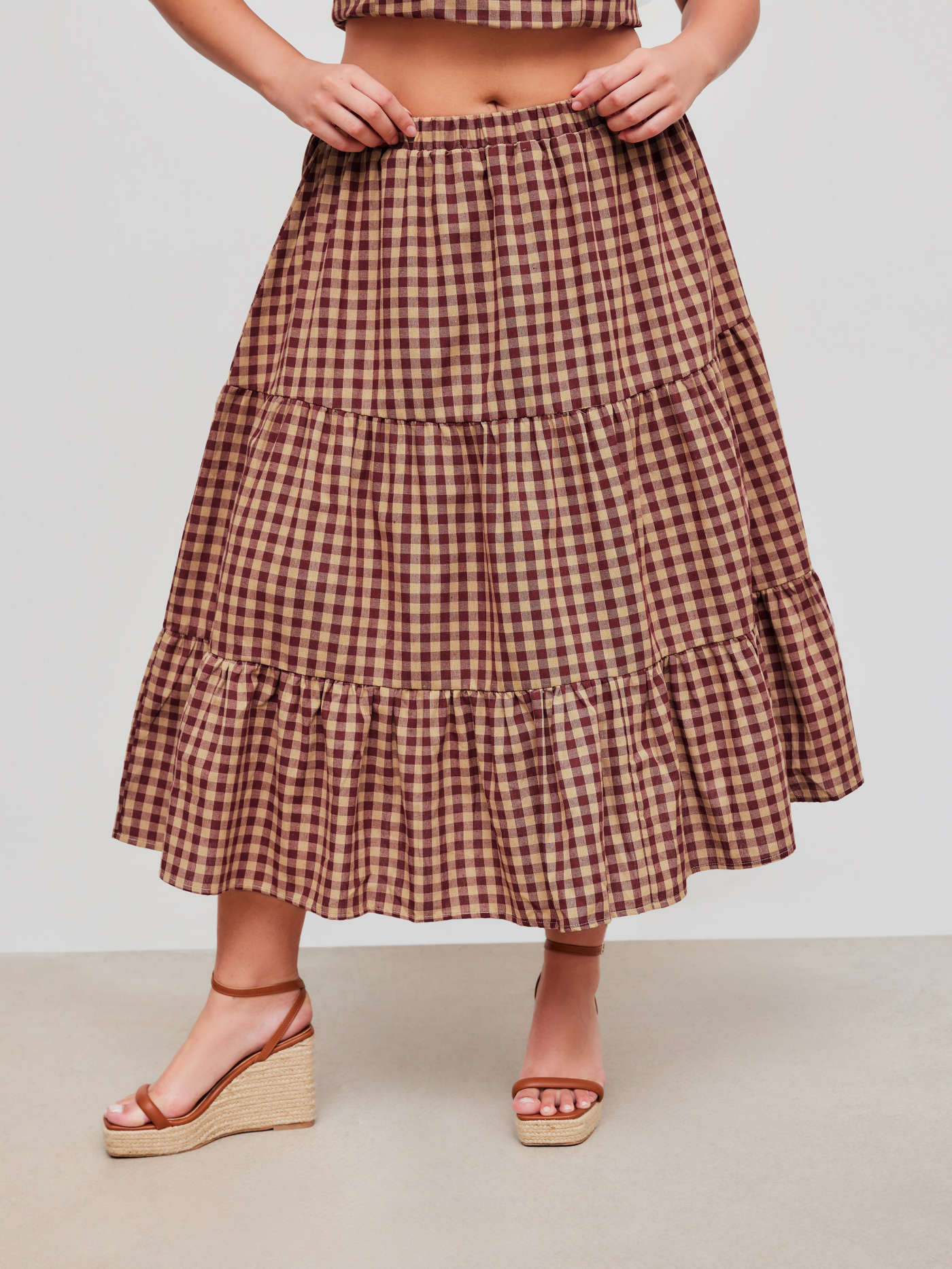 Cotton-blend Mid Rise Check Layered Maxi Skirt Curve & Plus | Cider