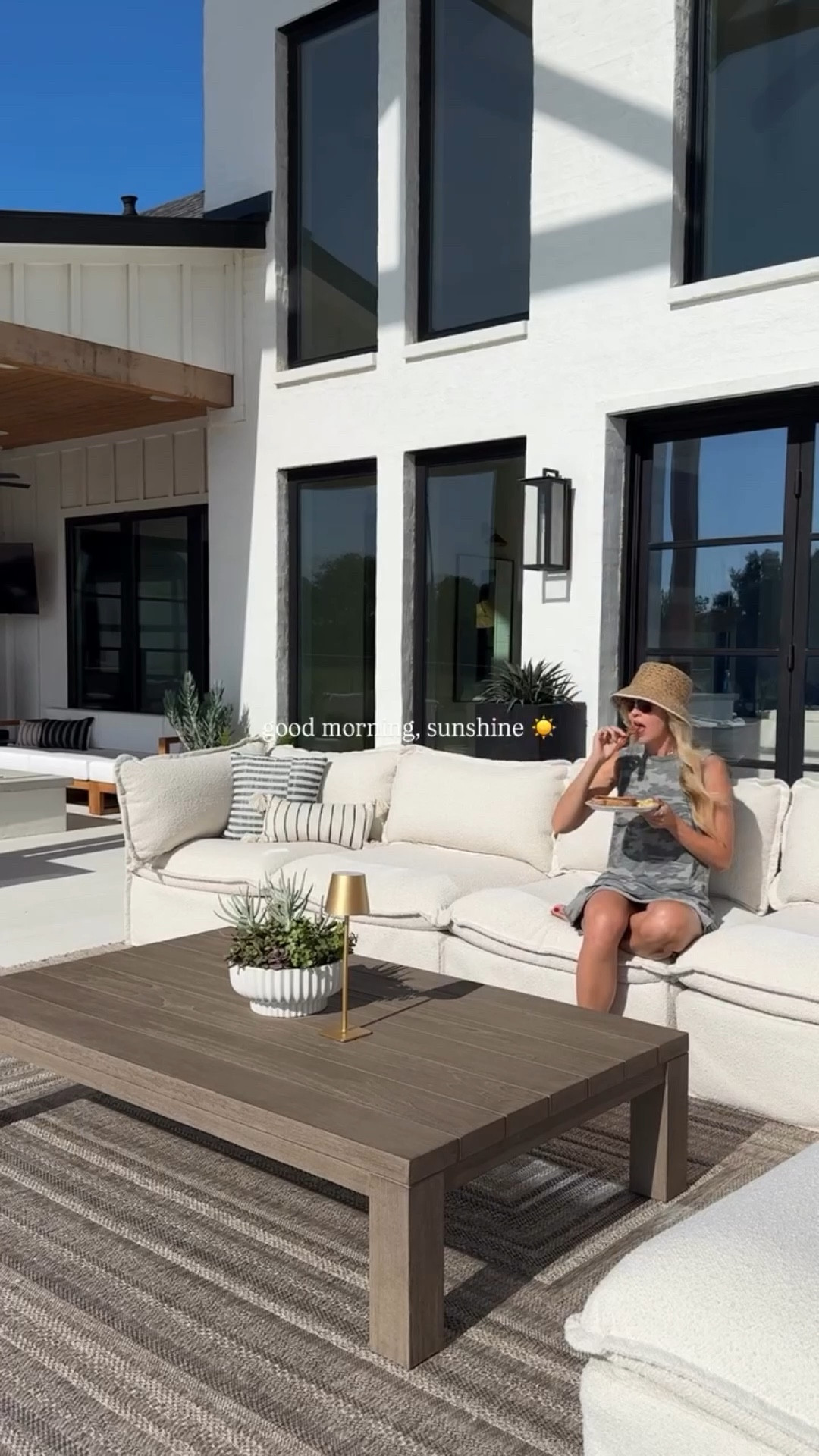 This is my kind of summer morning! A little AM sunshine paired with bacon never hurts. 🍳🥓

Pavers and coping: @ntpavers heritage olive sandblasted limestone
Pool finish: @pebbletec pebblesheen in french grey + abalone shells
Pool builder: @verdeoutdoors 
Outdoor waterproof sofa: @chicoryhome 
Other furniture: linked in LTK or comment LINKS
Pool size: 25’x50’
Waterline tile: @flooranddecor rosemary frost porcelain tile (cut down)
Pool house: designed and built by us (I will eventually share the plans)

#LTKSaleAlert #LTKHome #LTKSeasonal