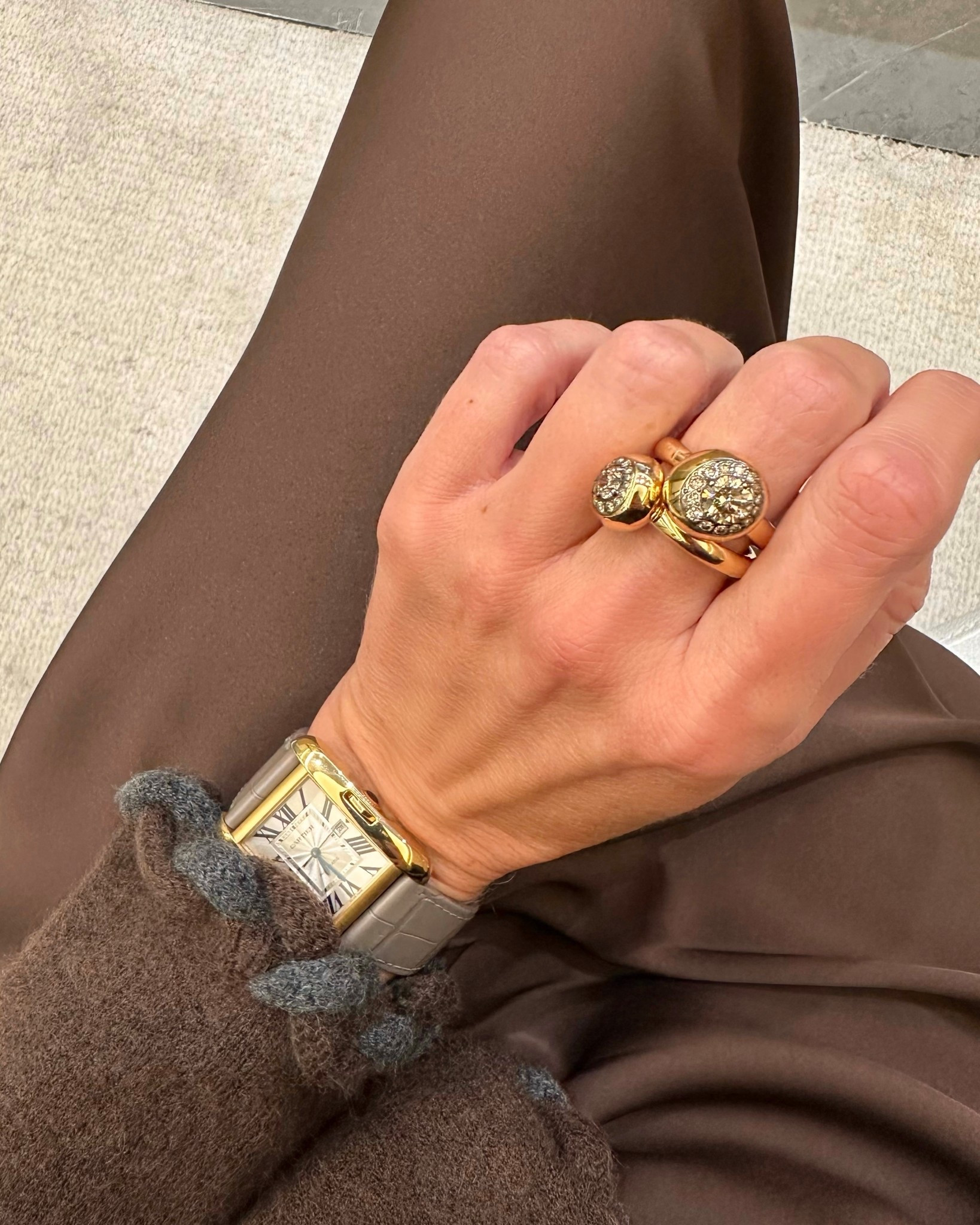 Chocolate brown and grey combo for fall! Paired with yellow gold and champagne diamonds. Also now called desert diamonds 🤎

Fine jewelry 
Rings
Leather strap Watch
Pomellato
Satin slip dress
Silk
Wool sweater cardigann

#LTKFindsUnder100 #LTKOver40 #LTKStyleTip