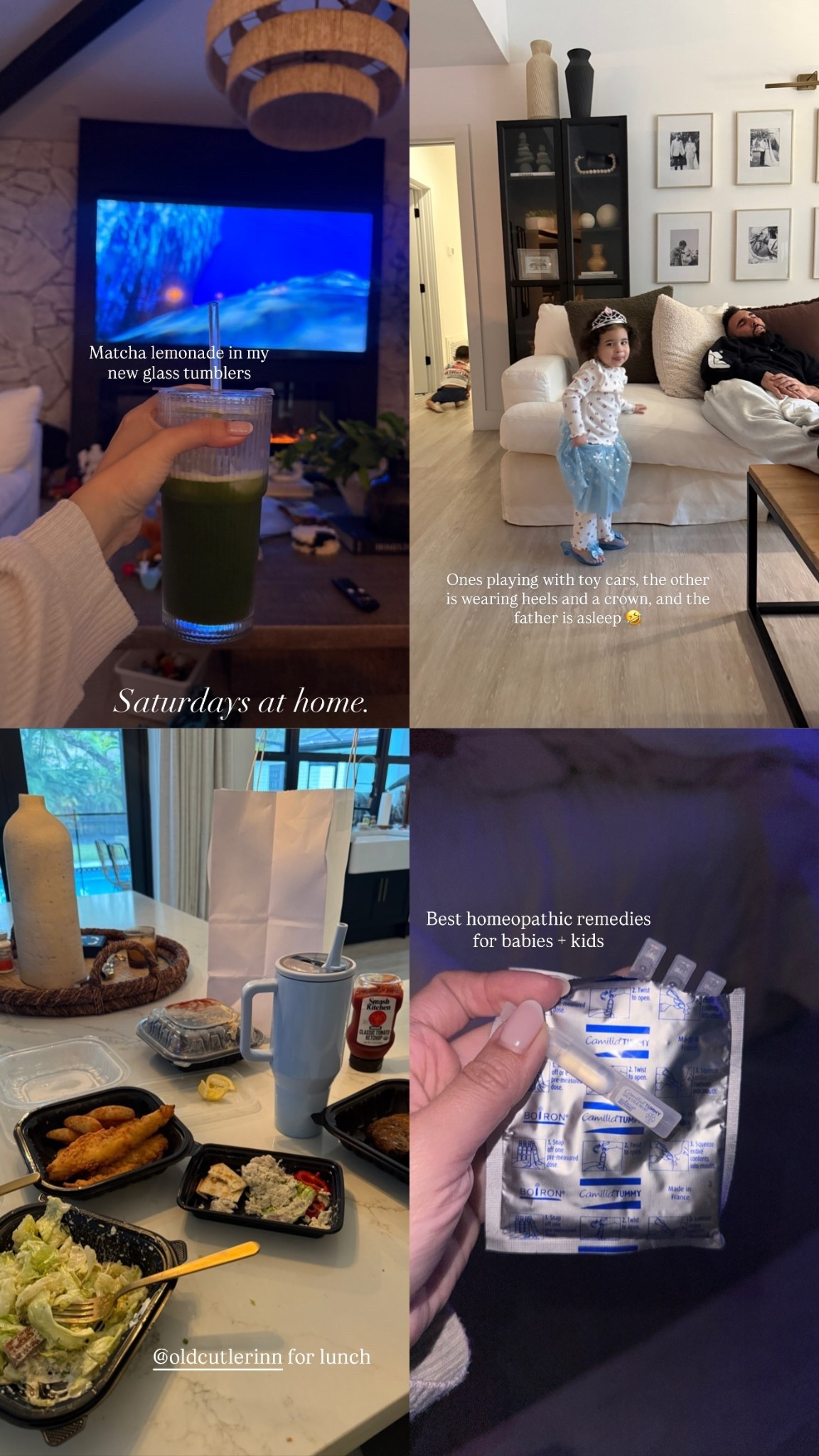 Matcha lemonade in my new glass tumblers Saturdays at home. 

Best homeopathic remedies for babies + kids  

Ones playing with toy cars, the other is wearing heels and a crown, and the father is asleep 🤣 @boironusa  @piquelife

#LTKdayinmylife #LTKmomlife #LTKHome