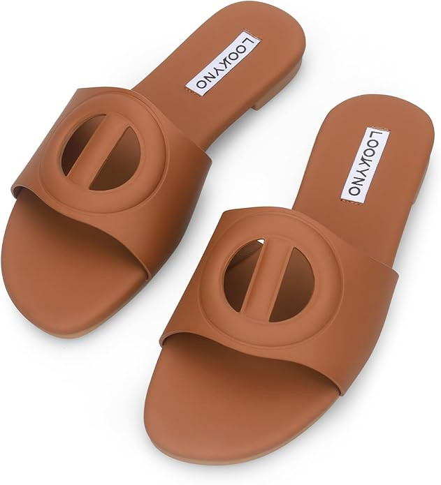 Womens Sandals Dressy Summer Flat Sandals 2025 Open Toe Slippers Slip On Slides with Semicircle C... | Amazon (US)