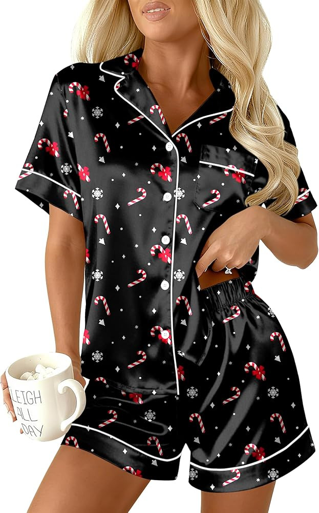 Ekouaer Womens Christmas Pajamas Silk Satin Sleepwear Holiday Matching Pjs Funny Short Sleeve But... | Amazon (US)