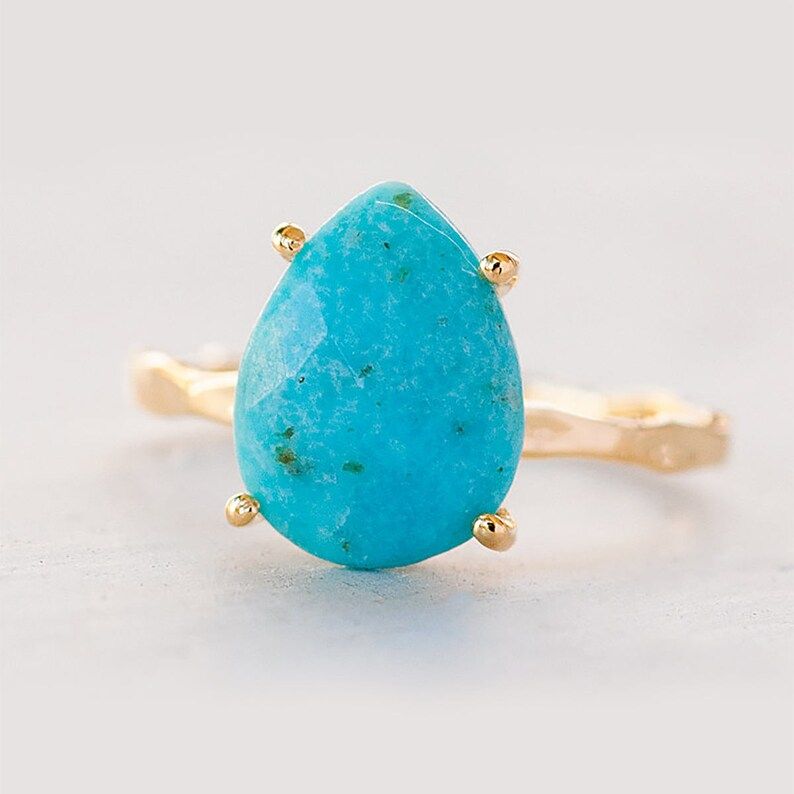 Turquoise Ring Gold, December Birthstone Ring, Gemstone Ring, Stacking Ring, Tear Drop Ring, Pron... | Etsy (US)