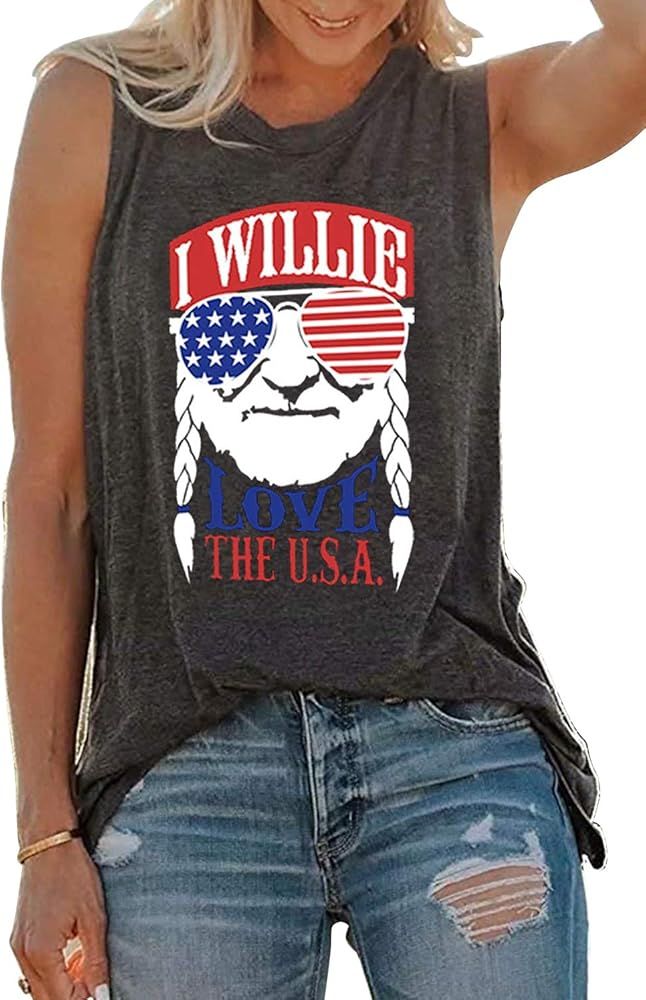 Womens Summer Tank Tops I Willie Love The USA Vintage Graphic Tanks Vest 4th of July Patriotic Sl... | Amazon (US)