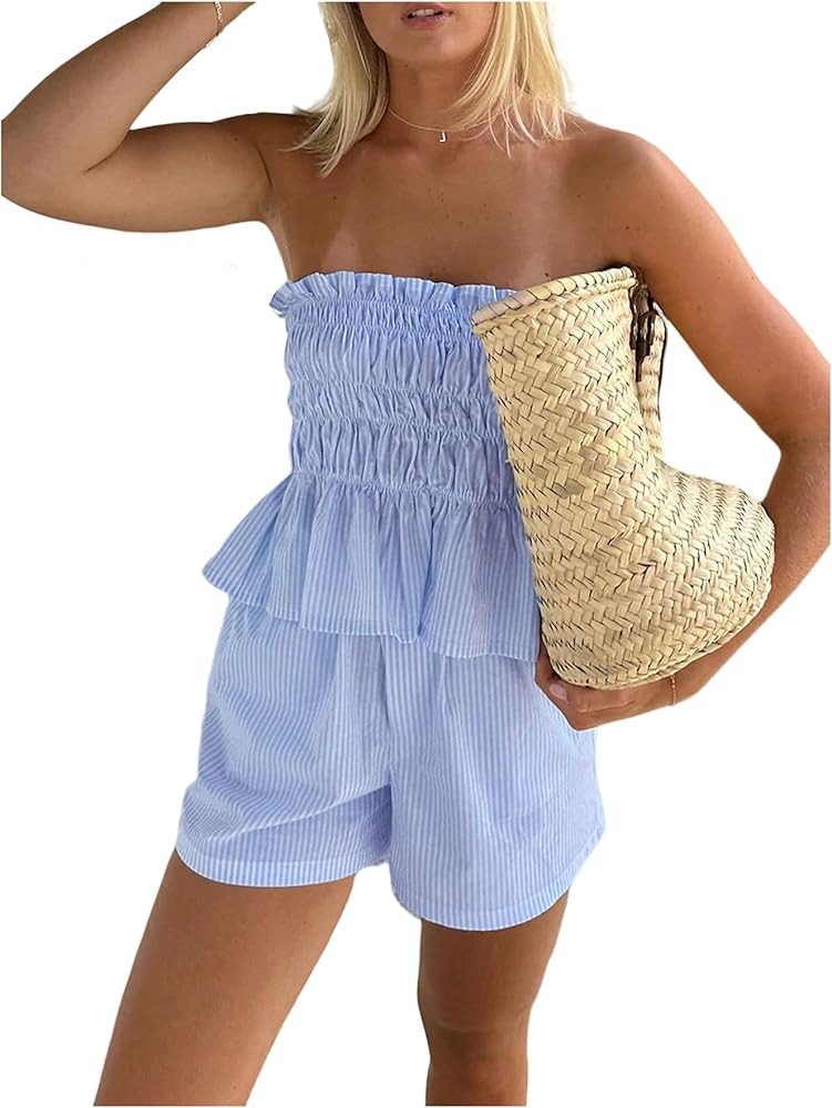 Women 2 Piece Outfits Ruffle Stripe Shorts Set 2026 Summer Off Shoulder Smocked Crop Top Mini Sho... | Amazon (US)