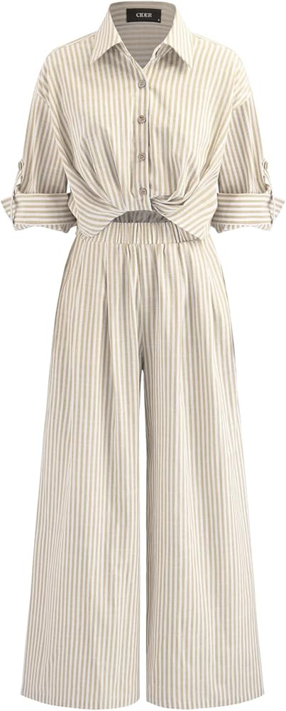 CIDER Women Collar Striped Buttoned Knotted Roll-Up Sleeve Straight Leg Cotton Blend Work Bussine... | Amazon (US)