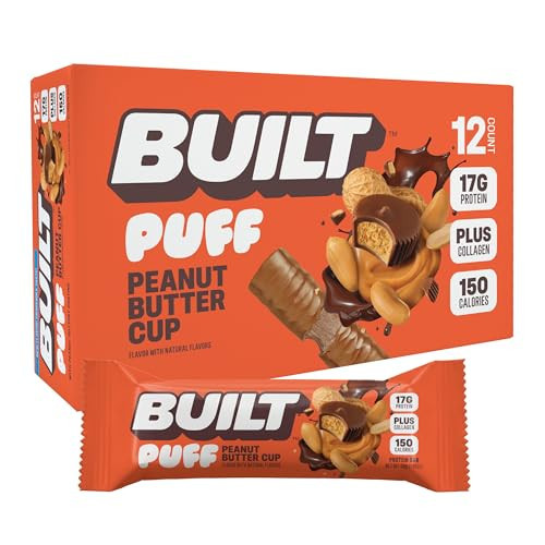 BUILT Bar, Puff Protein Snack Bars, Peanut Butter Cup, On-The-Go Bars, 17g Protein, Only 150 Calories, 6g Sugar, Plus Collagen, Gluten Free, 12 Count | Amazon (US)