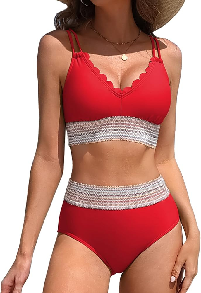 Charmo Women's Scalloped Bikini Sets High Waisted Two Piece Swimsuits Sporty Color Block High Cut... | Amazon (US)