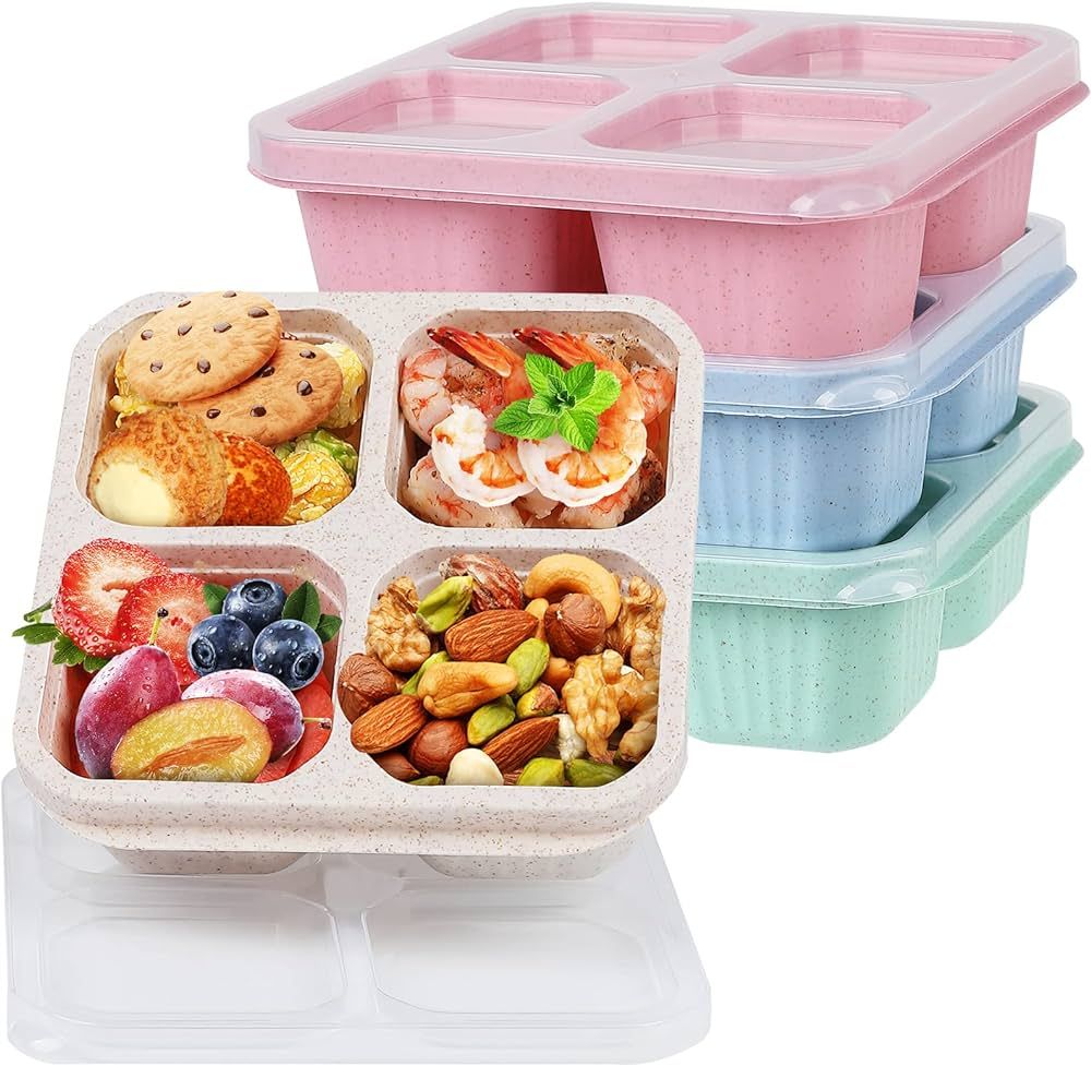 4 Pack Bento Snack Containers Set， 4 Compartment Food Storage Containers Wheat Straw Meal Prep ... | Amazon (US)