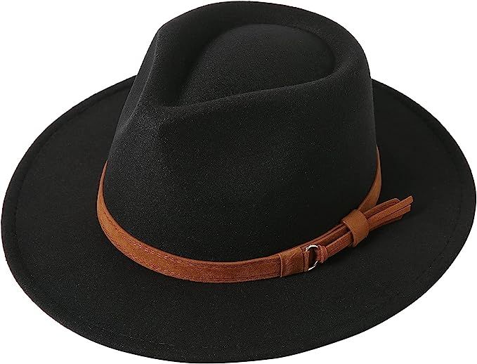 Lanzom Retro Heart Shaped Fedora Hats for Women Wide Brim Felt Panama Hat with Belt Buckle | Amazon (US)