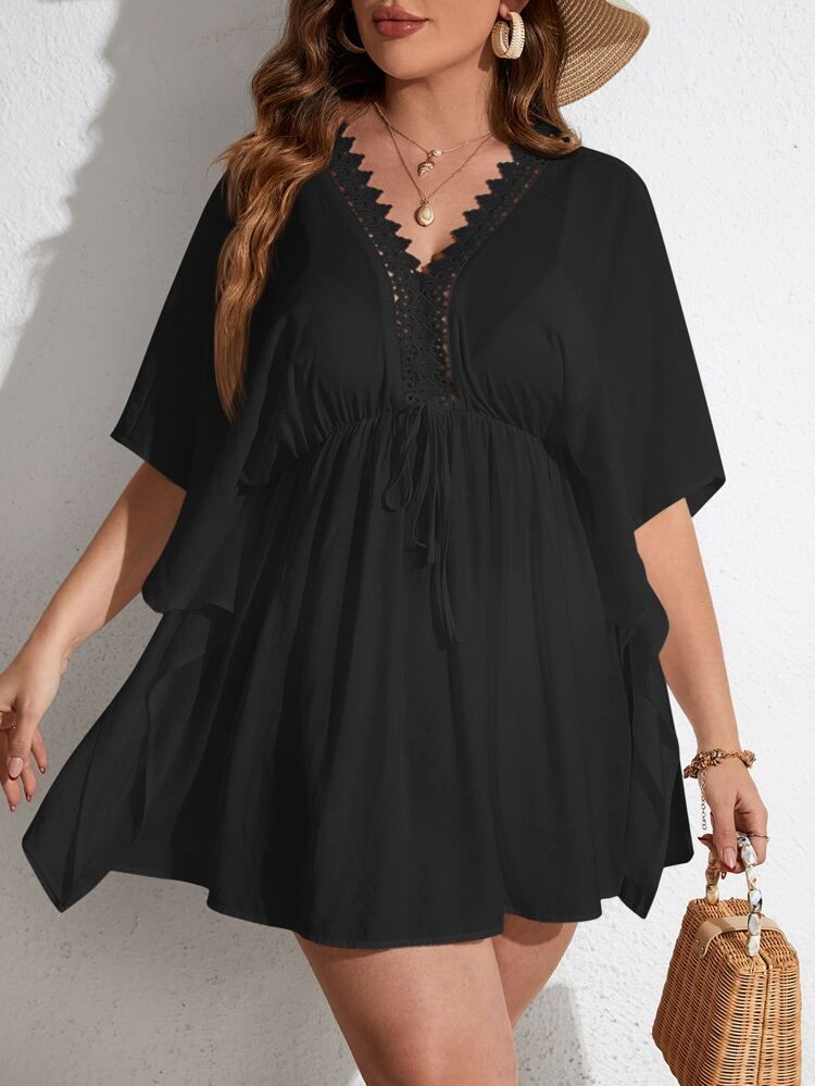 Plus Guipure Lace Trim Batwing Sleeve Knot Front Cover Up Dress | SHEIN