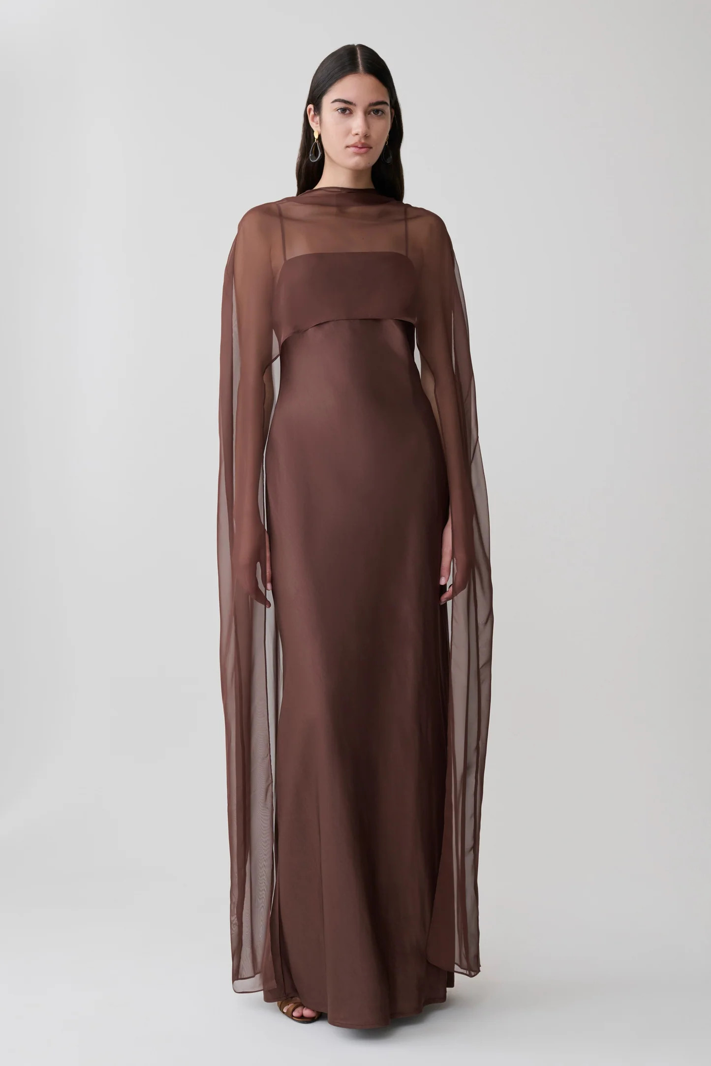 Martinne Chiffon Cape Maxi Dress - Mocha | MESHKI US