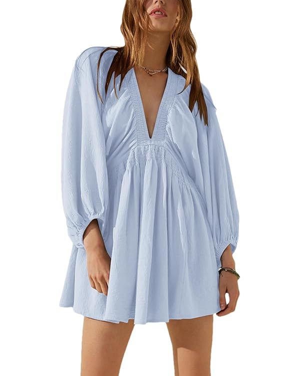 Women's Sexy Long Sleeve V Neck Tunic Dress Casual Loose Flowy Mini Swing Shift Dresses | Amazon (US)