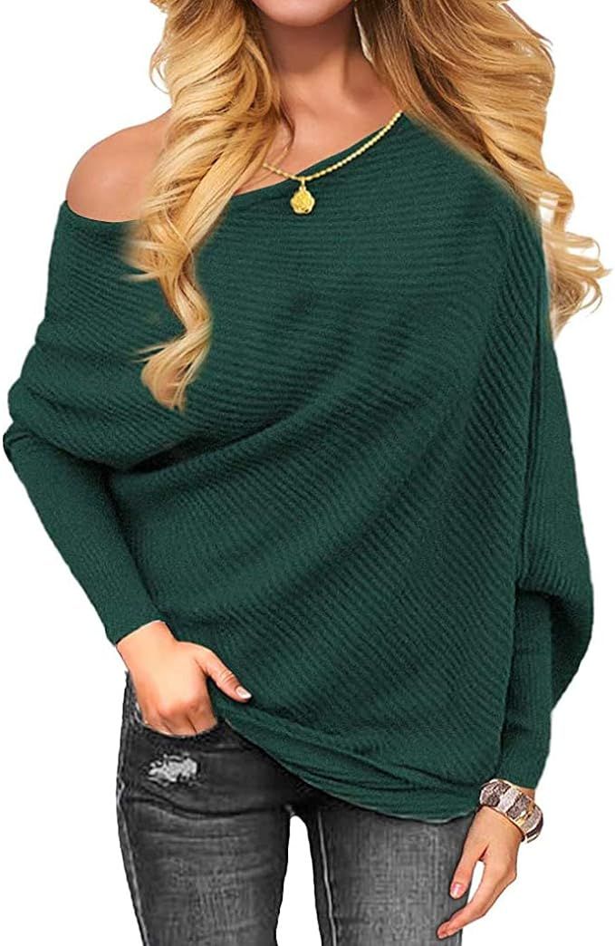 OmicGot Women's Off The Shoulder Long Sleeve Pullover Knit Jumper Baggy Solid Sweater | Amazon (US)