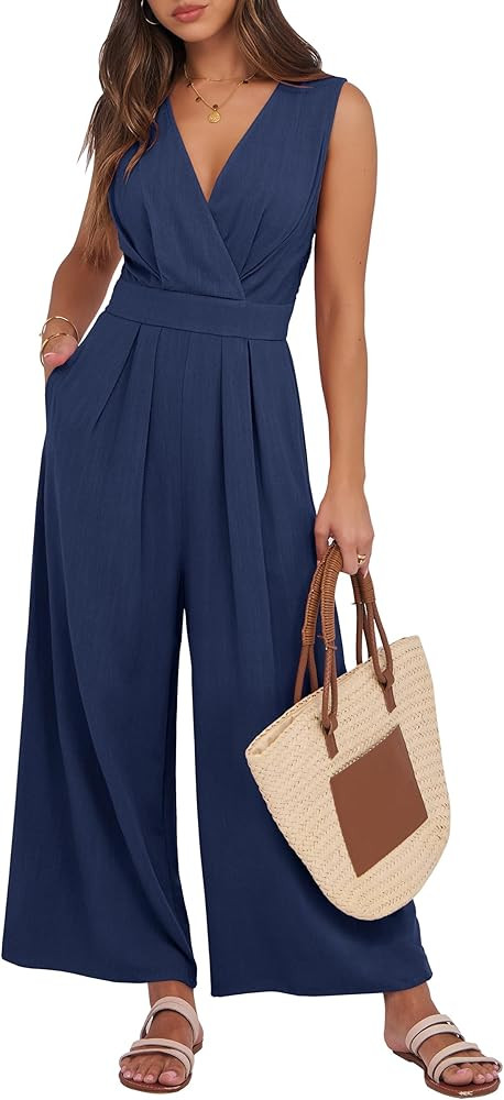 ANRABESS Women Jumpsuits Sleeveless V Neck Elegant Dressy Casual Backless One Piece Pants Romper ... | Amazon (US)