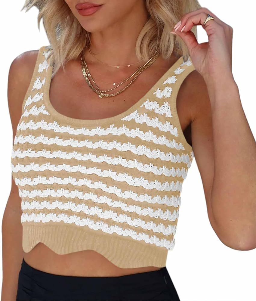 Saodimallsu Womens Striped Crop Tank Top Scoop Neck Going Out Summer Sexy Y2k Sleeveless Crochet ... | Amazon (US)