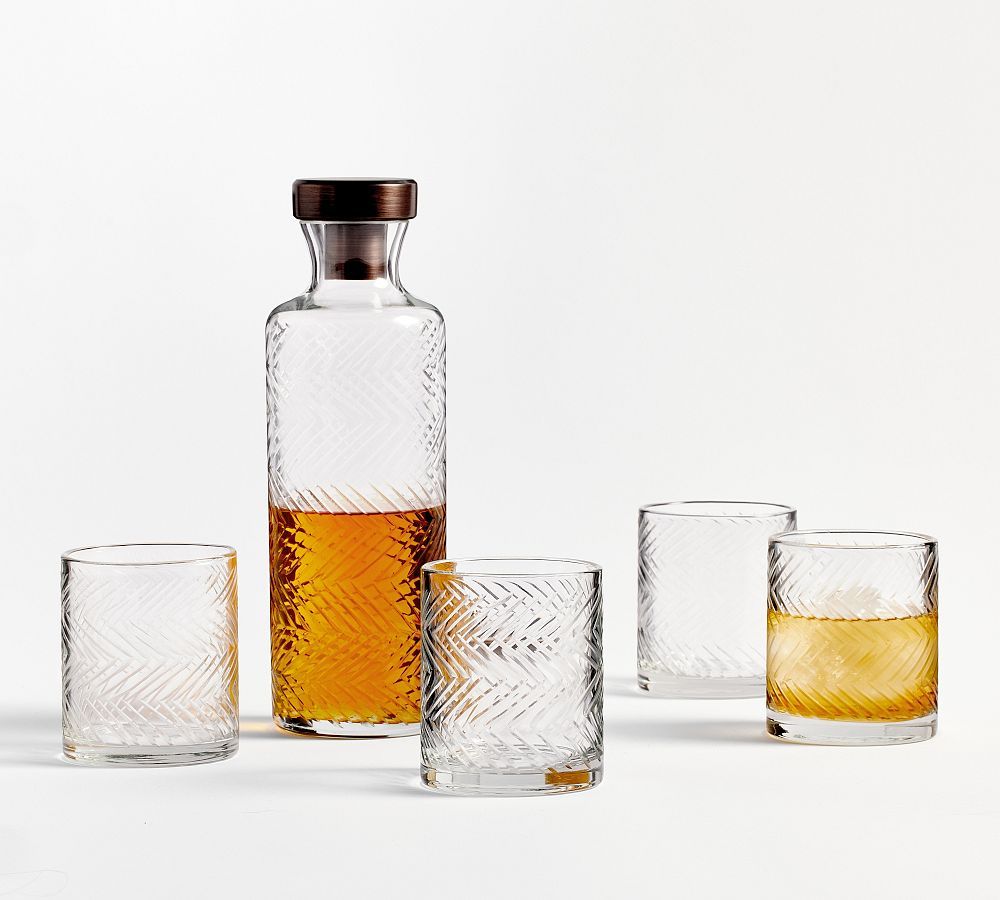 Sweet July Herringbone Handcrafted Glass Decanter & Double Old Fashioned Glasses | Pottery Barn (US)