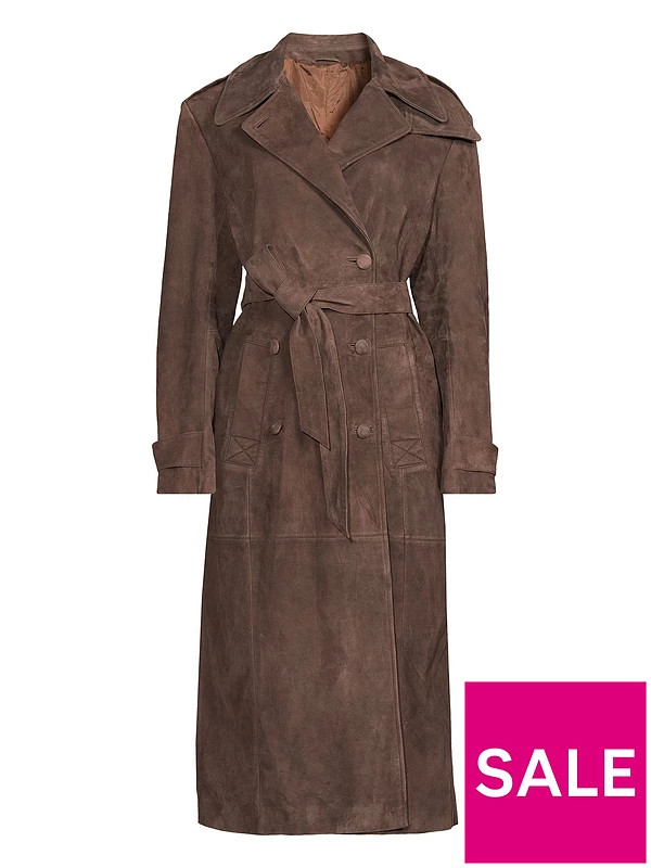 Michelle Keegan Real Suede Trench Coat - Brown | Very (UK)