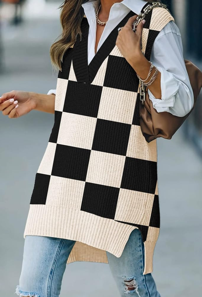 Viottiset Women's Oversized V Neck Knit Sweater Vest Tunic Sleeveless Pullover Top | Amazon (US)