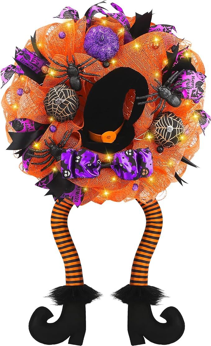 Halloween Wreath Decorations for Front Door - 18 Inch Hocus Pocus Decor with Witch Hat Legs Pumpk... | Amazon (US)