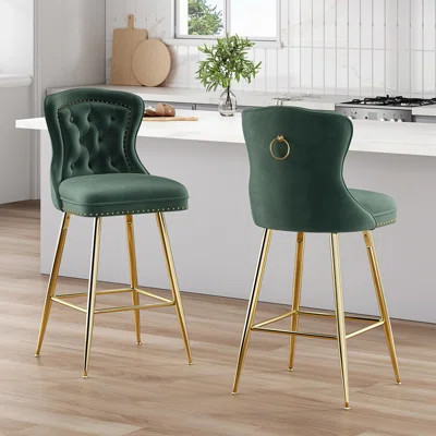 Elegant Velvet Bar Stools Set of 2, Counter Height with Metal Legs, Button Tufted and Nailheads Trim, Wing-Back Design for Comfort and Style | Wayfair North America