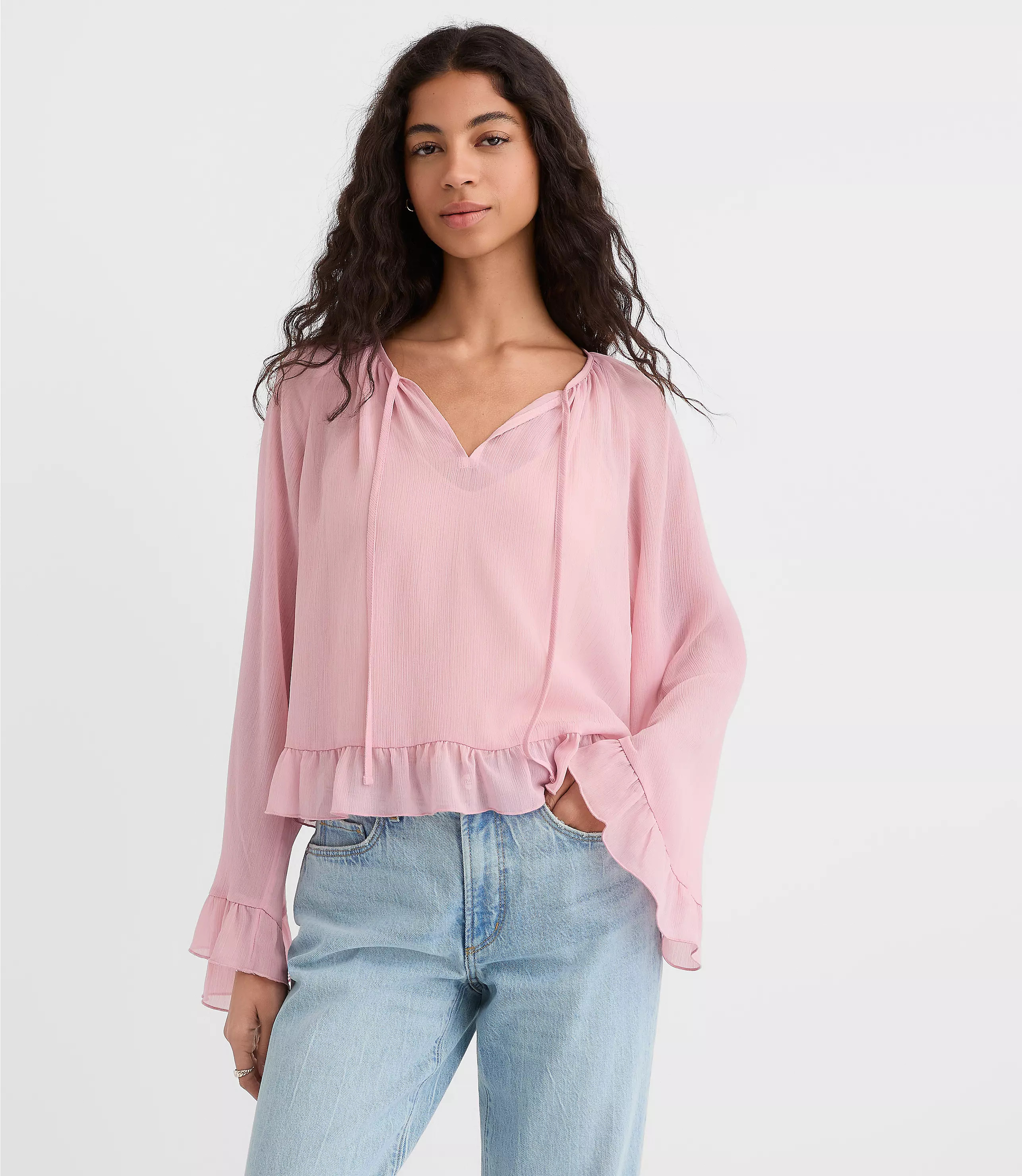 Ruffle Tie Neck Blouse | LOFT