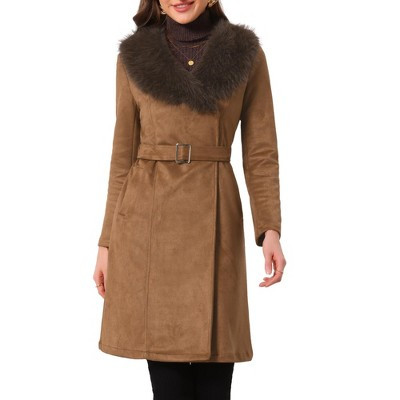 INSPIRE CHIC Women's Shawl Fur Collar Long Sleeves Single Breasted Faux Suede Belted Trench Coat with Pockets Small Brown | Target