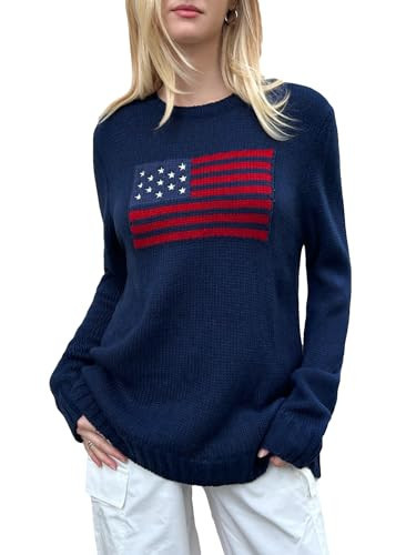 SweatyRocks Women's Flag Pattern Long Sleeve Round Neck Sweater Casual Loose Pullover Sweater Navy Blue L | Amazon (US)