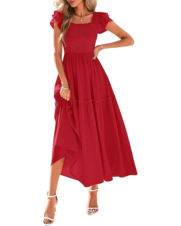 KIRUNDO Smocked Summer Dresses for Women 2025 Spring Short Sleeve High Waist Flowy A Line Ruffle ... | Amazon (US)