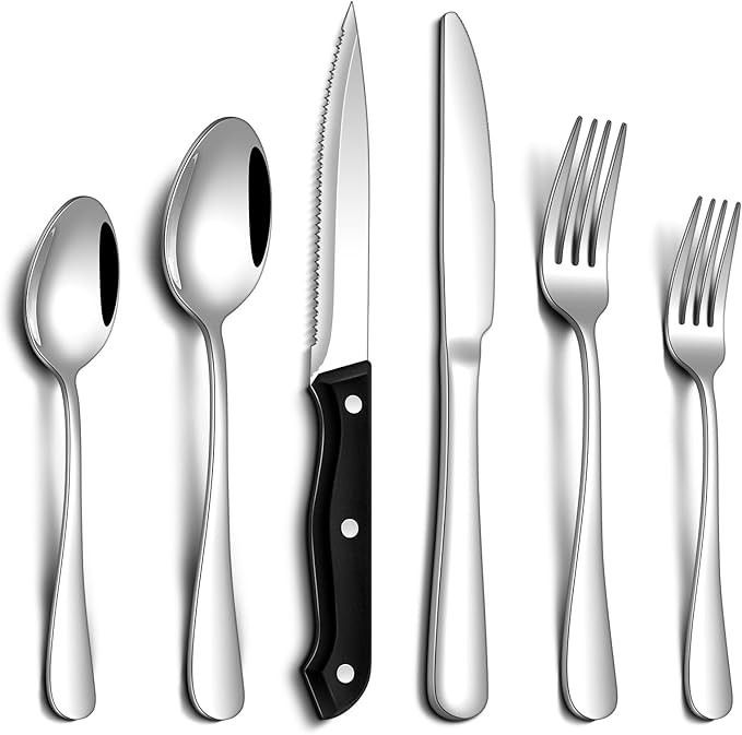 24 Pcs Silverware Set with Steak Knives Food-Grade Stainless Steel Flatware Set for 4 Mirror Cutl... | Amazon (US)