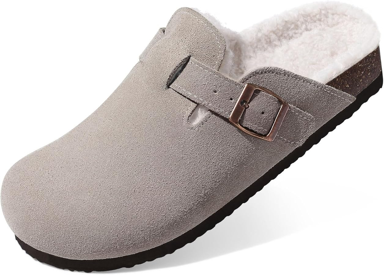 KIDMI Women's Fur Lined Suede Clogs Fuzzy Cork Footbed Mules Slip On Winter Potato Shoes | Amazon (US)