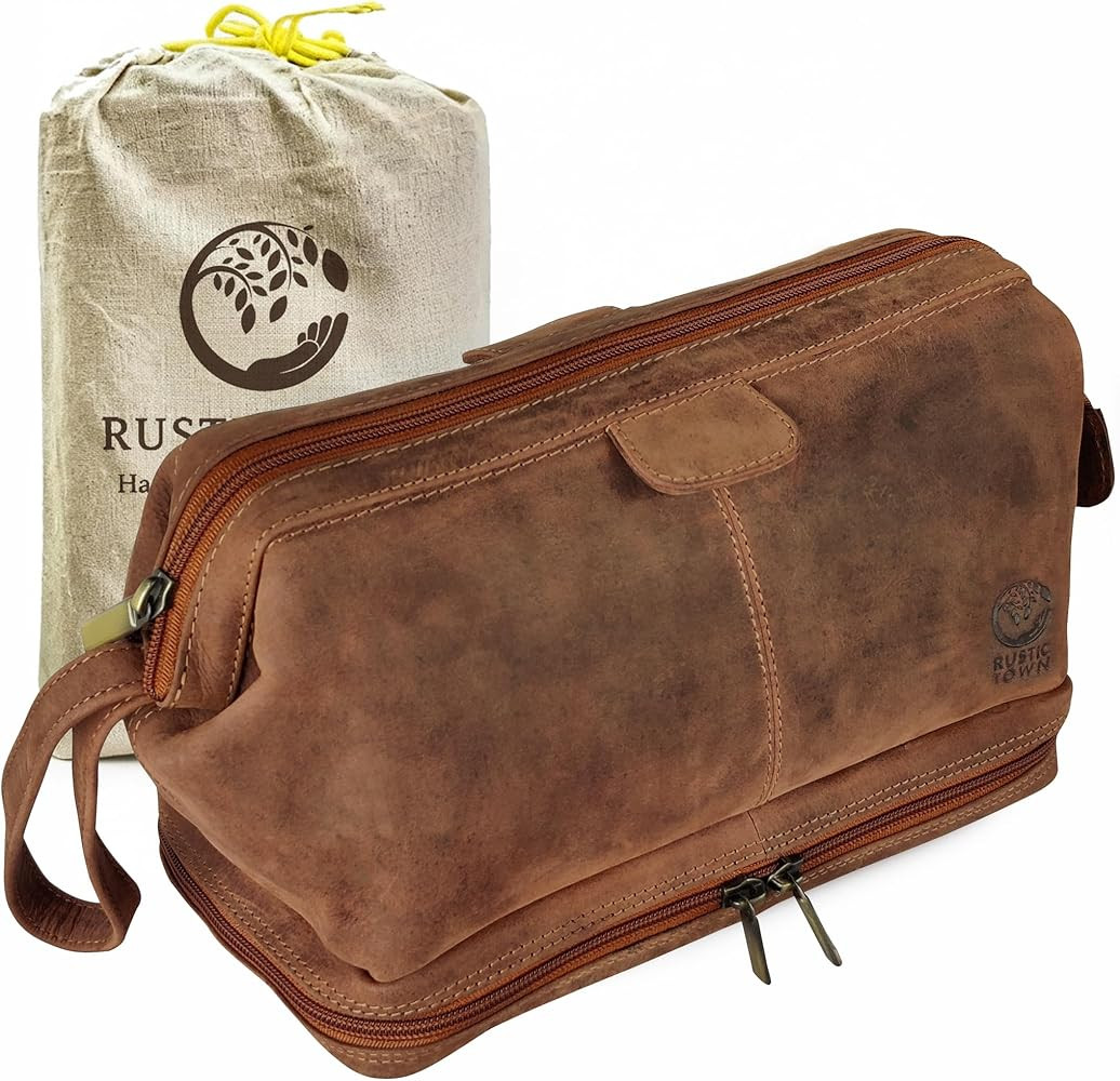 RUSTIC TOWN Leather Toiletry Bag for Men - Travel Gift Shaving Ditty Kit - Bathroom Shower Toilet... | Amazon (US)