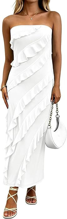 Muchpow Women's Strapless Ruffle Dress Midi Elegant Summer Bodycon Stretchy Mesh Ruched Party Coc... | Amazon (US)