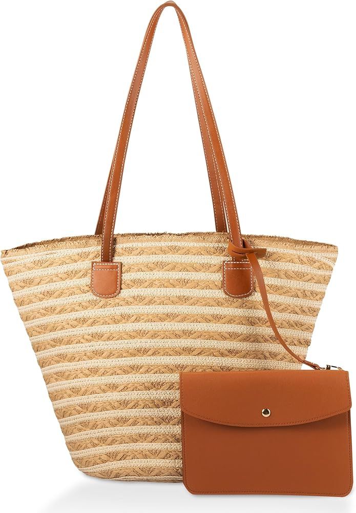 YXILEE Straw Bag for Women - Summer Beach Tote Bags - Handmade Zipper Straw Shoulder Bag with Rem... | Amazon (US)