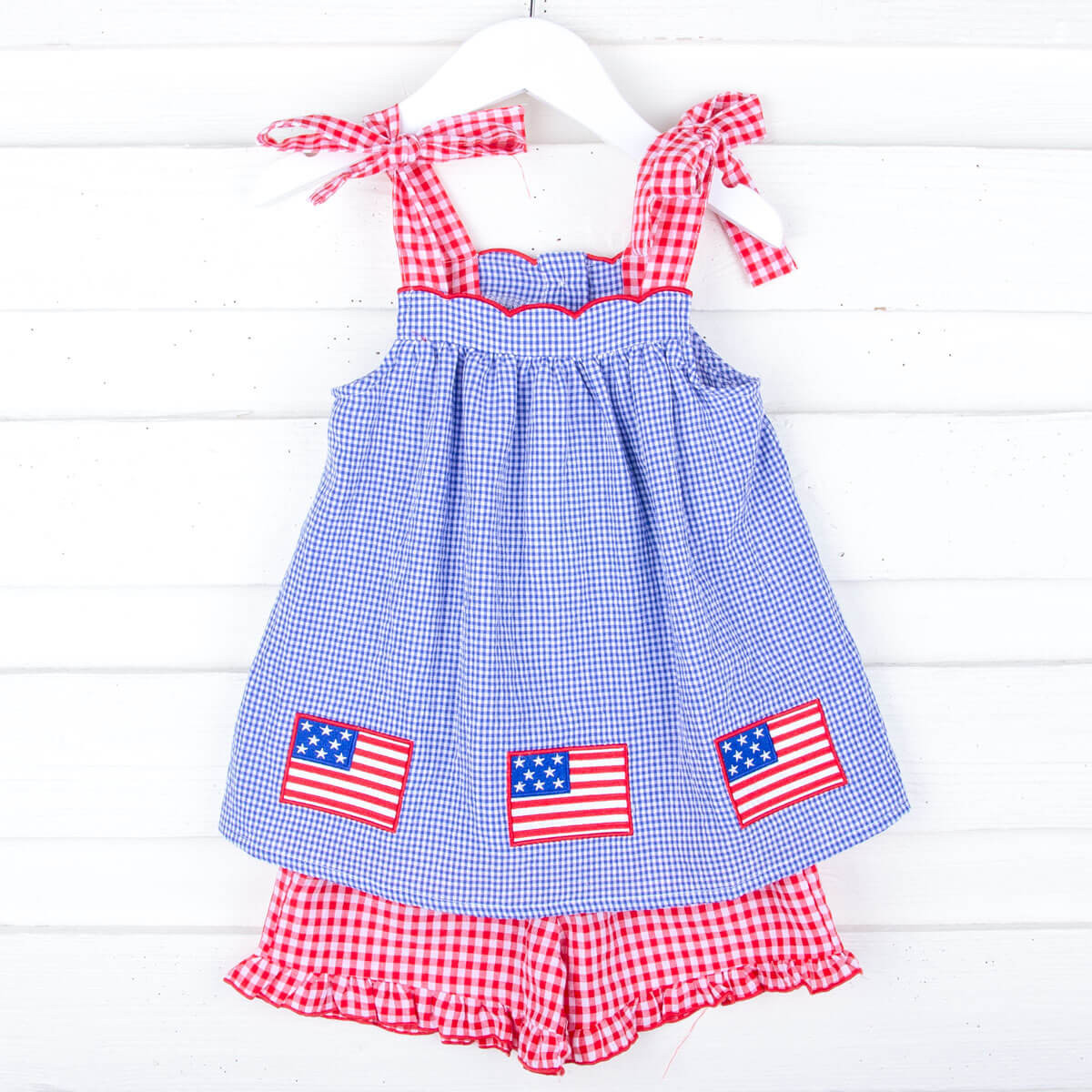 American Flag Embroidered Blue Gingham Tie Strap Short Set | Classic Whimsy