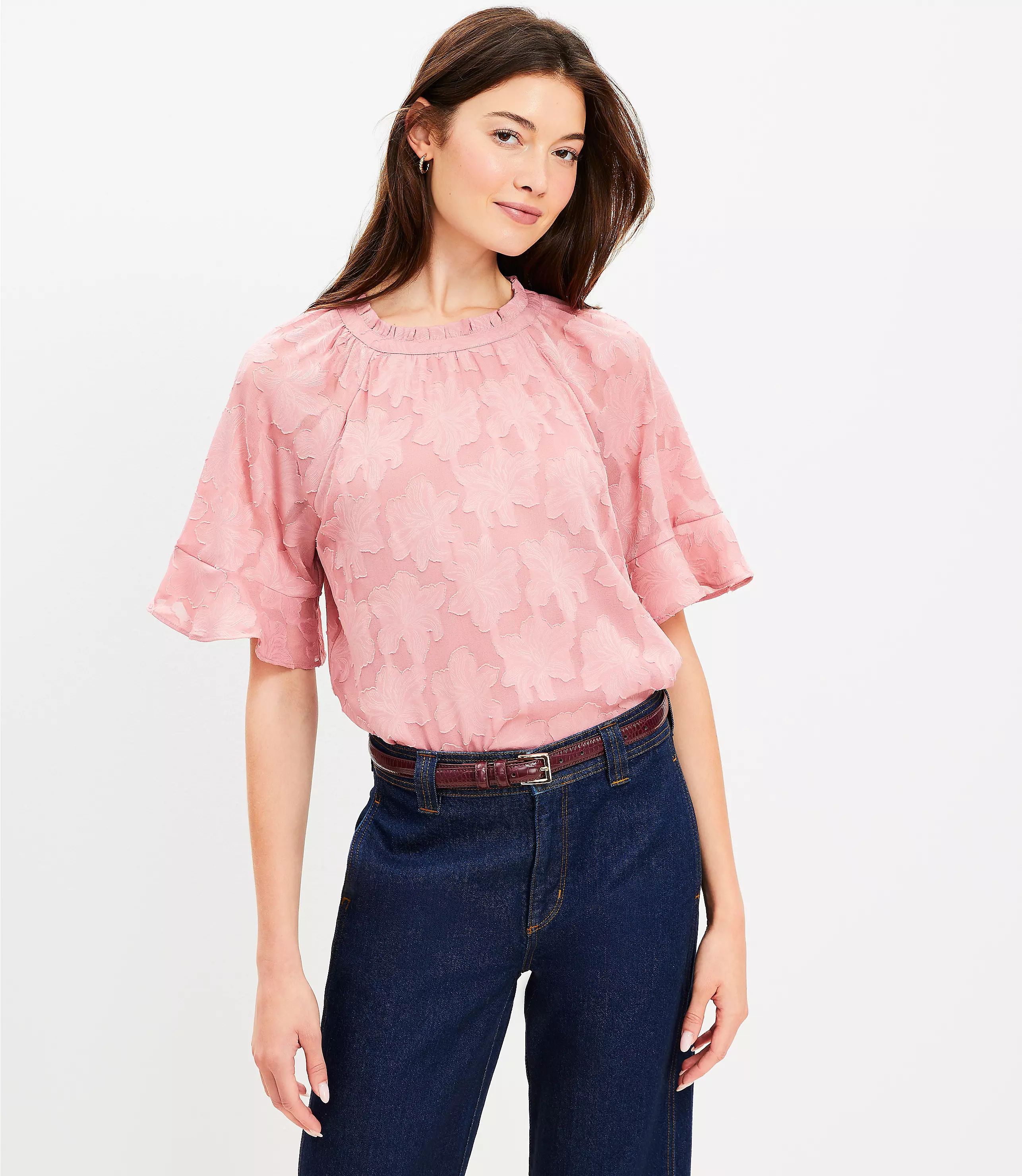 Petite Floral Jacquard Ruffle Trim Blouse | LOFT