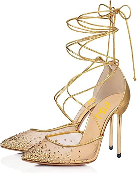 FSJ Women High Heel Ankle Strap Sandals Pointed Toe Rivets Pumps PVC Club Dress Shoes with Studs ... | Amazon (US)